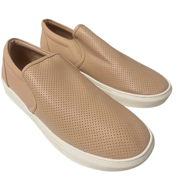 Women’s Perforated Faux Leather Sneakers Beige Upper White Sole Casual Comfort - Picture 2 of 7